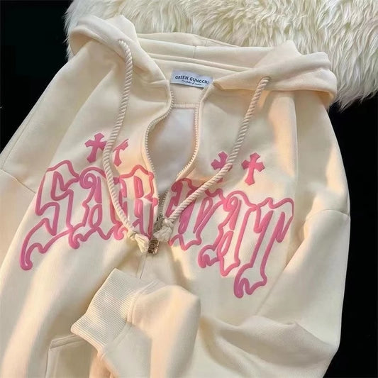 Casual Embroidery Zip Up Hoodies